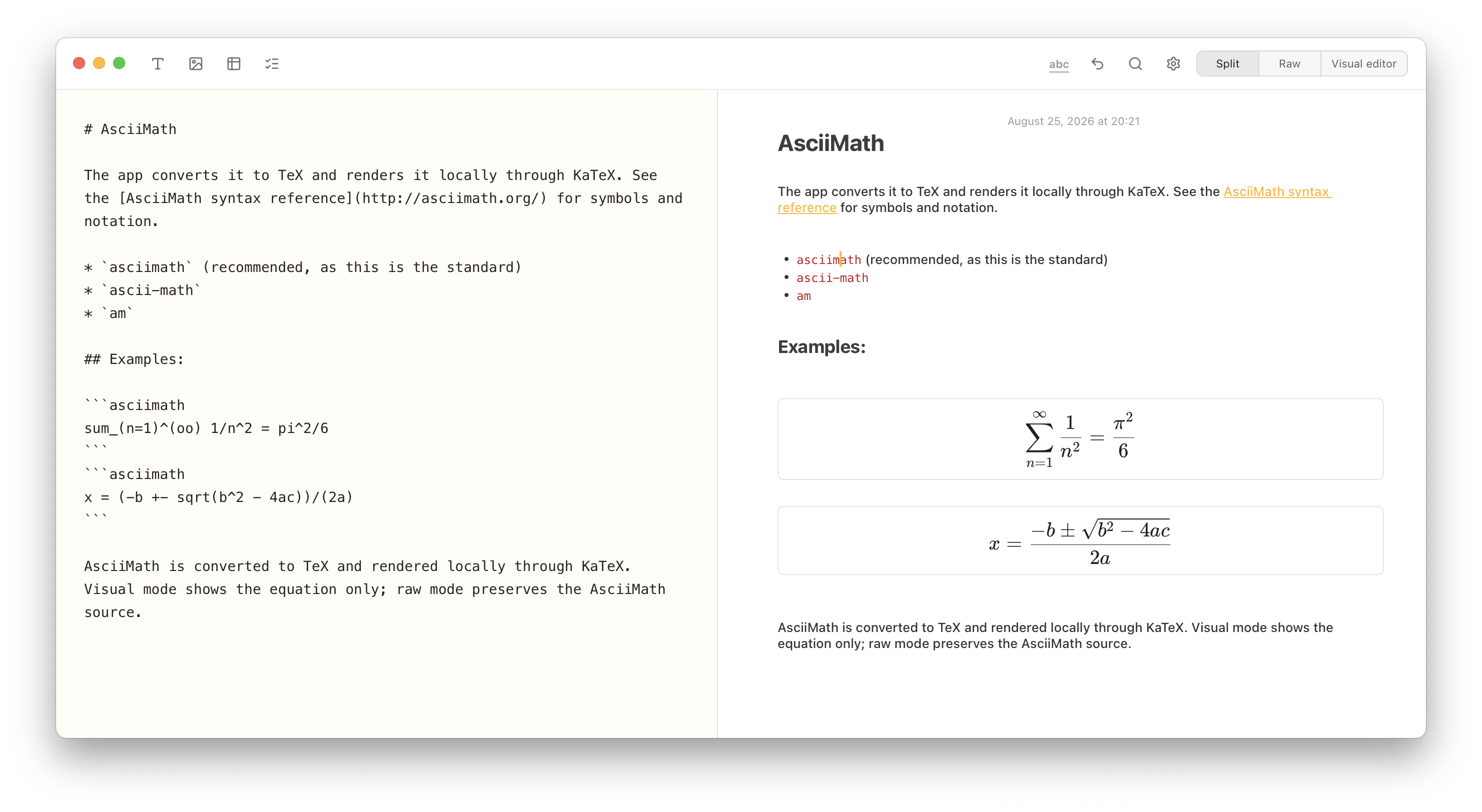 Notes Plus displaying AsciiMath source beside rendered series and quadratic equations.