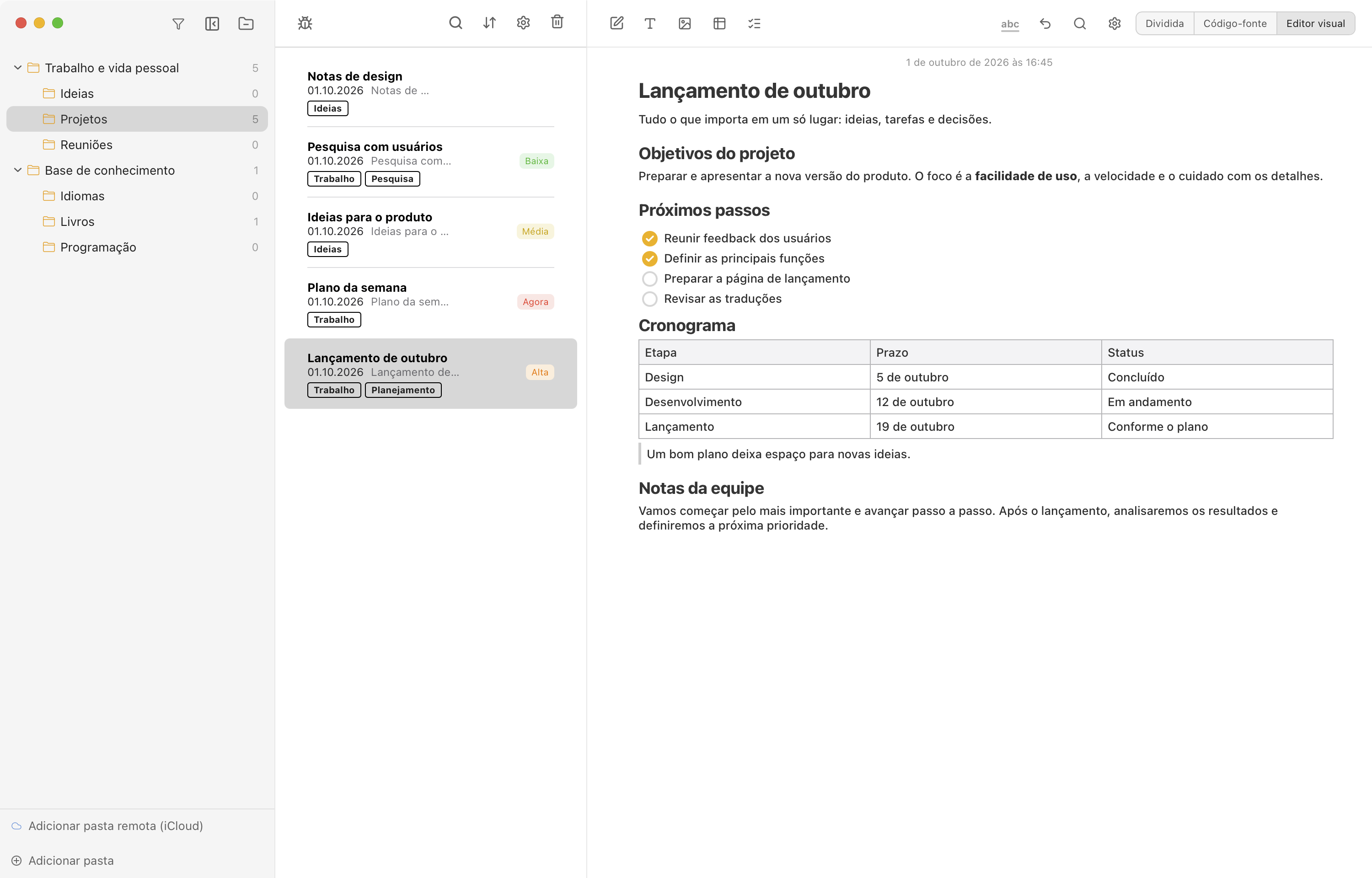 Notes Plus in Brazilian Portuguese with all three lanes open, the visual editor, and notes with tags and priorities.