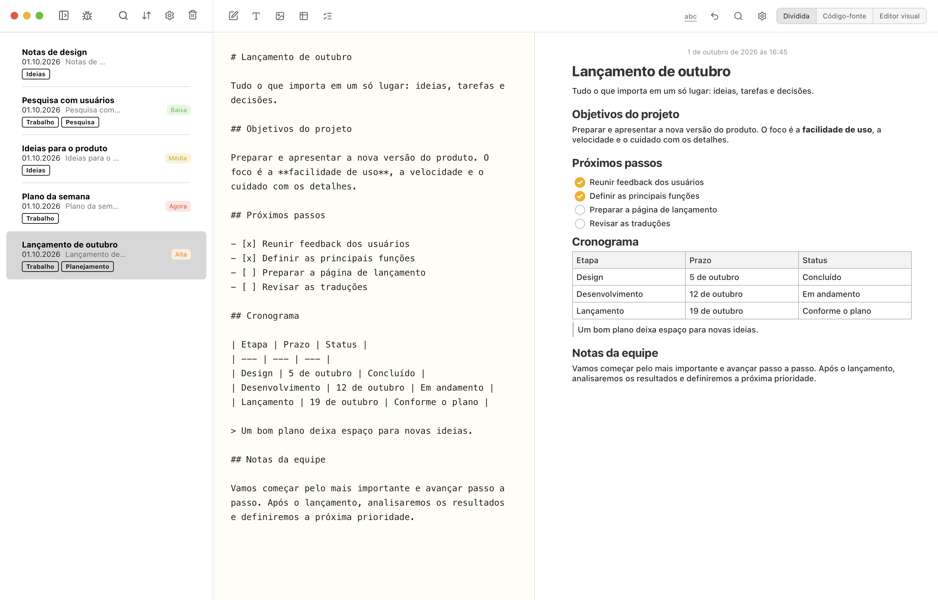 Notes Plus in Brazilian Portuguese with the folder lane closed and Markdown source beside the visual editor.