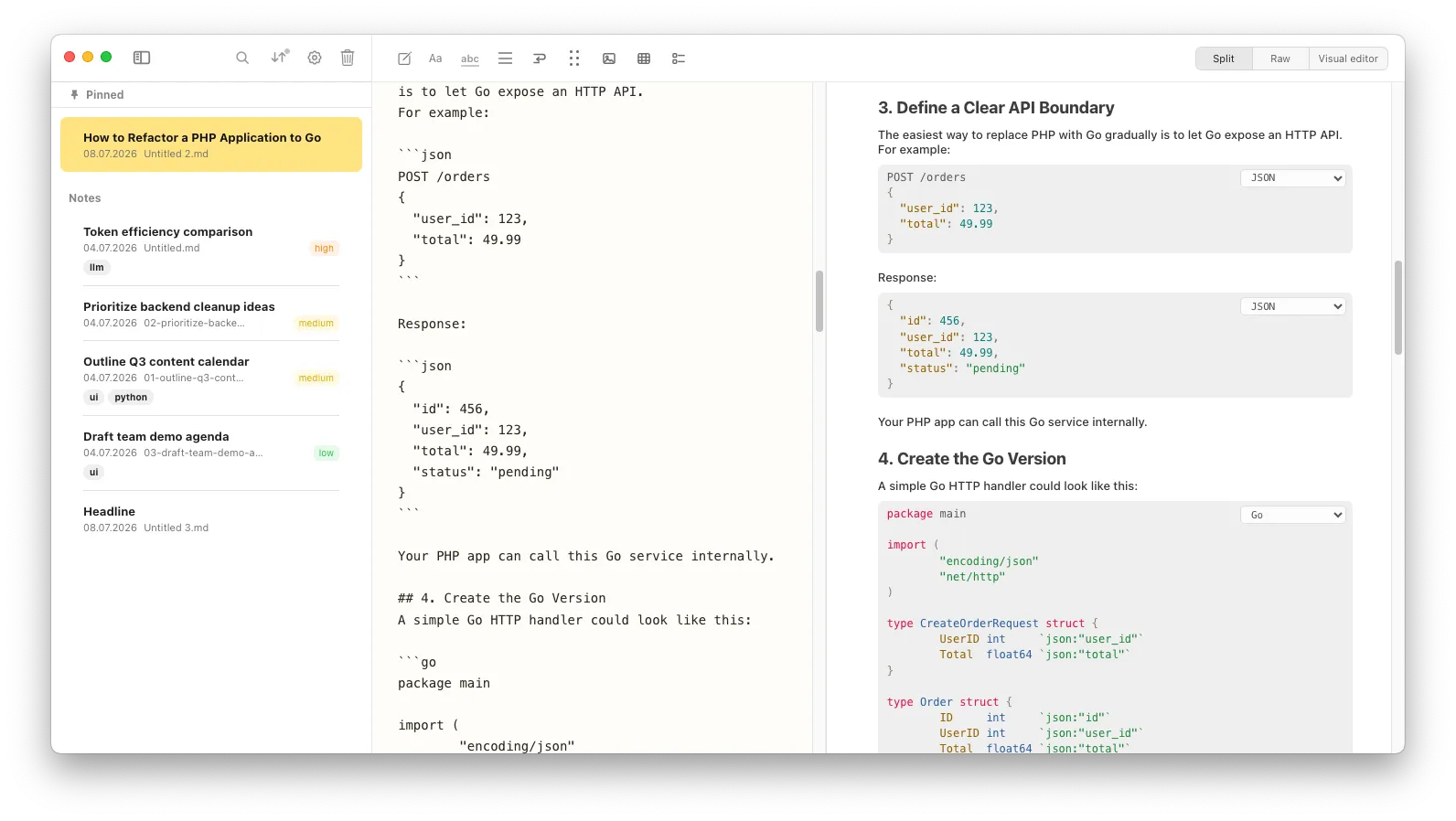 Notes Plus displaying Markdown code fences beside syntax-highlighted JSON and Go code in the visual editor.