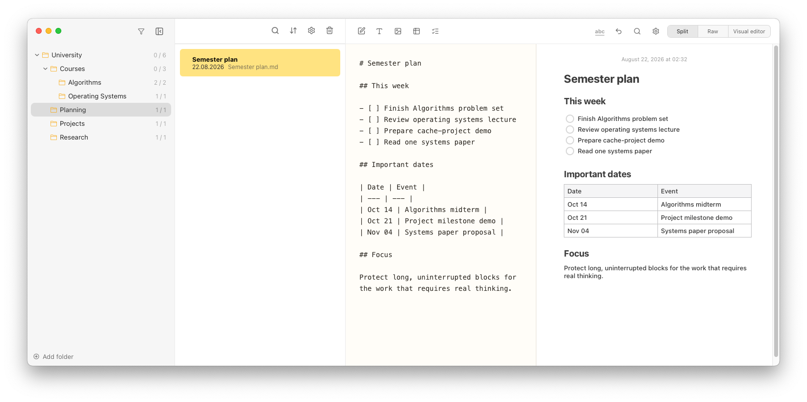 Notes Plus in Split mode, showing Markdown beside its rendered preview