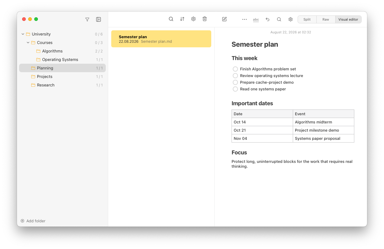 Notes Plus in Visual editor mode with a rendered semester plan note