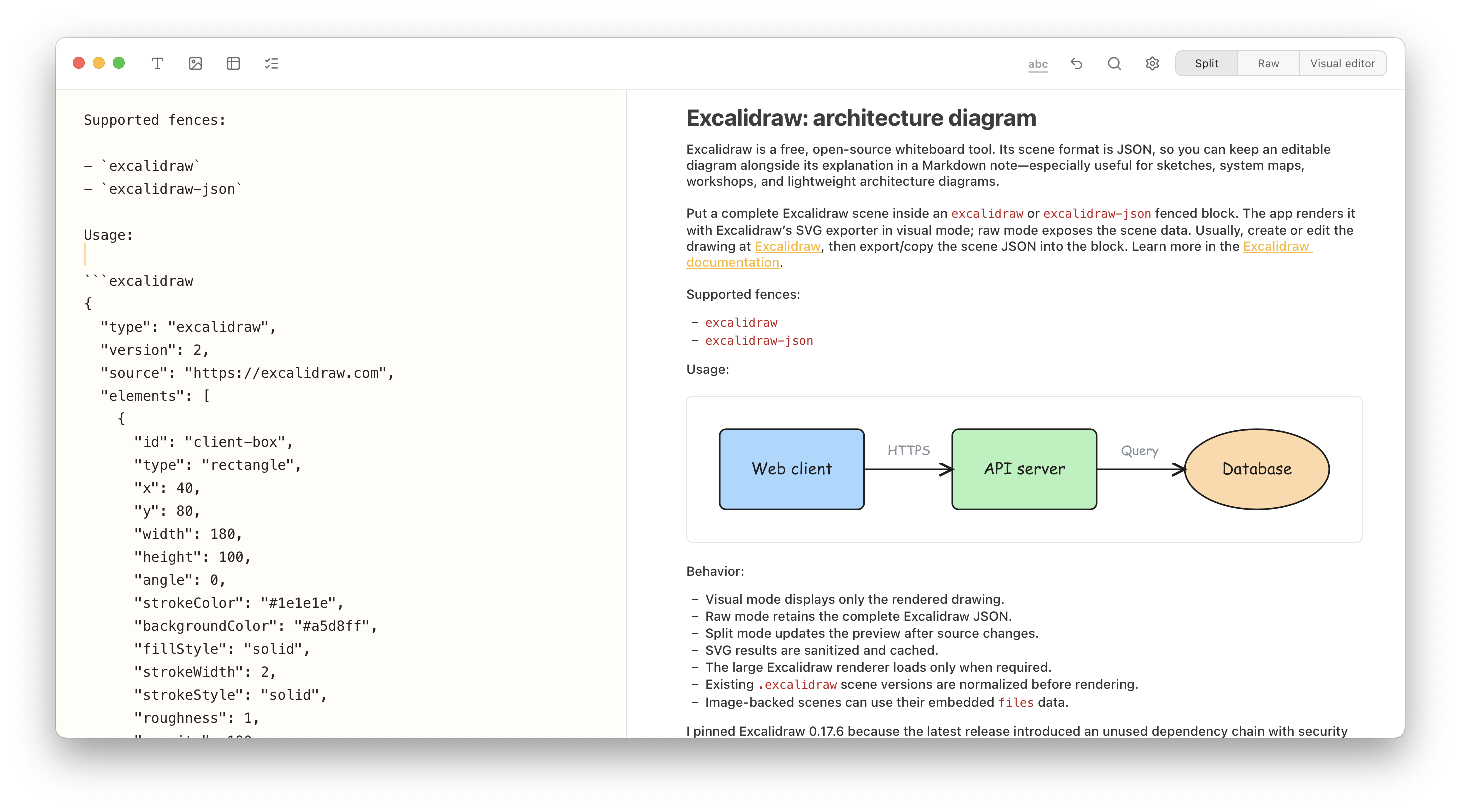 Notes Plus in split view showing Excalidraw JSON and a rendered architecture diagram with a web client, API server, and database.
