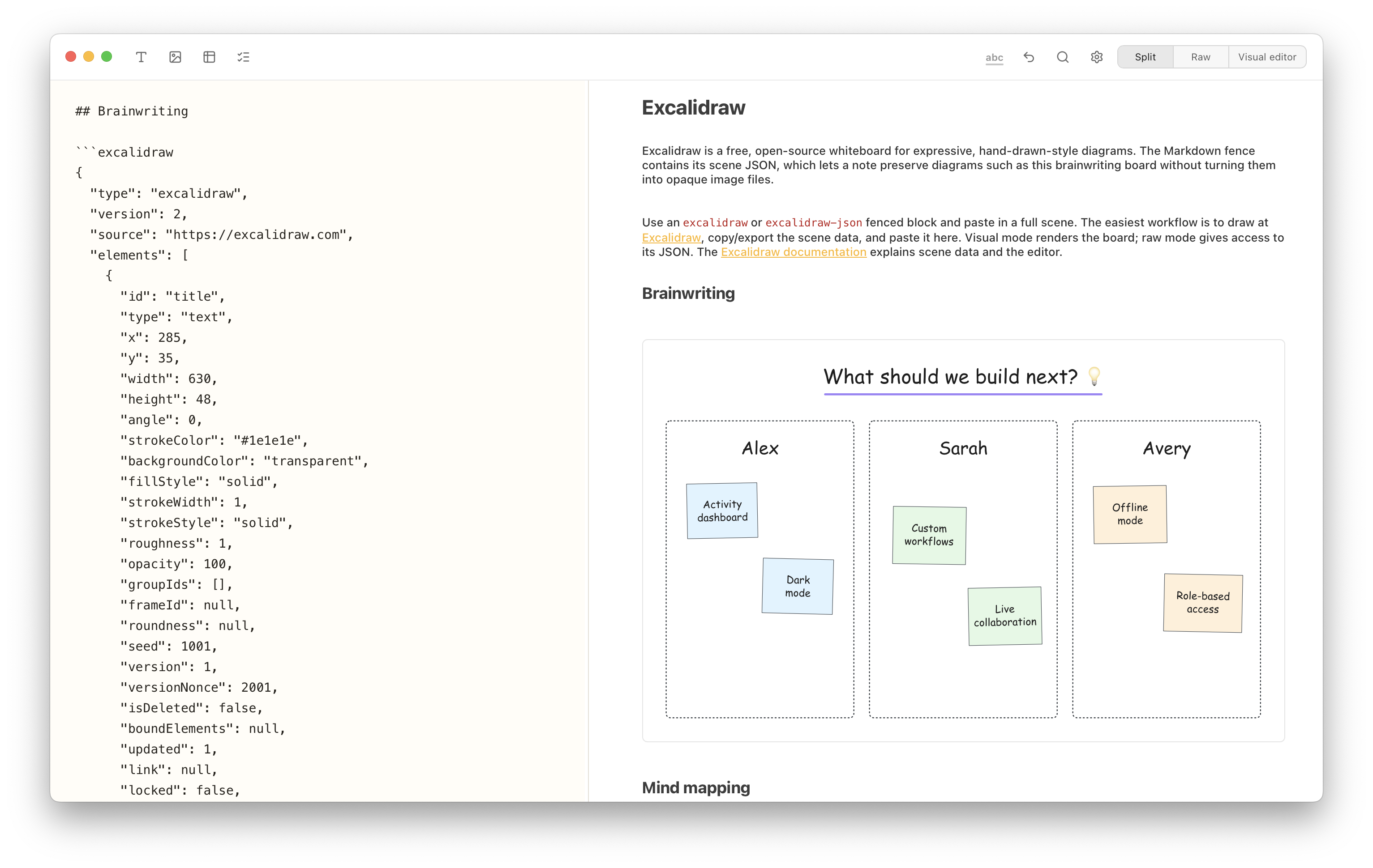 Notes Plus in split view showing Excalidraw JSON and a brainwriting board with ideas from Alex, Sarah, and Avery.