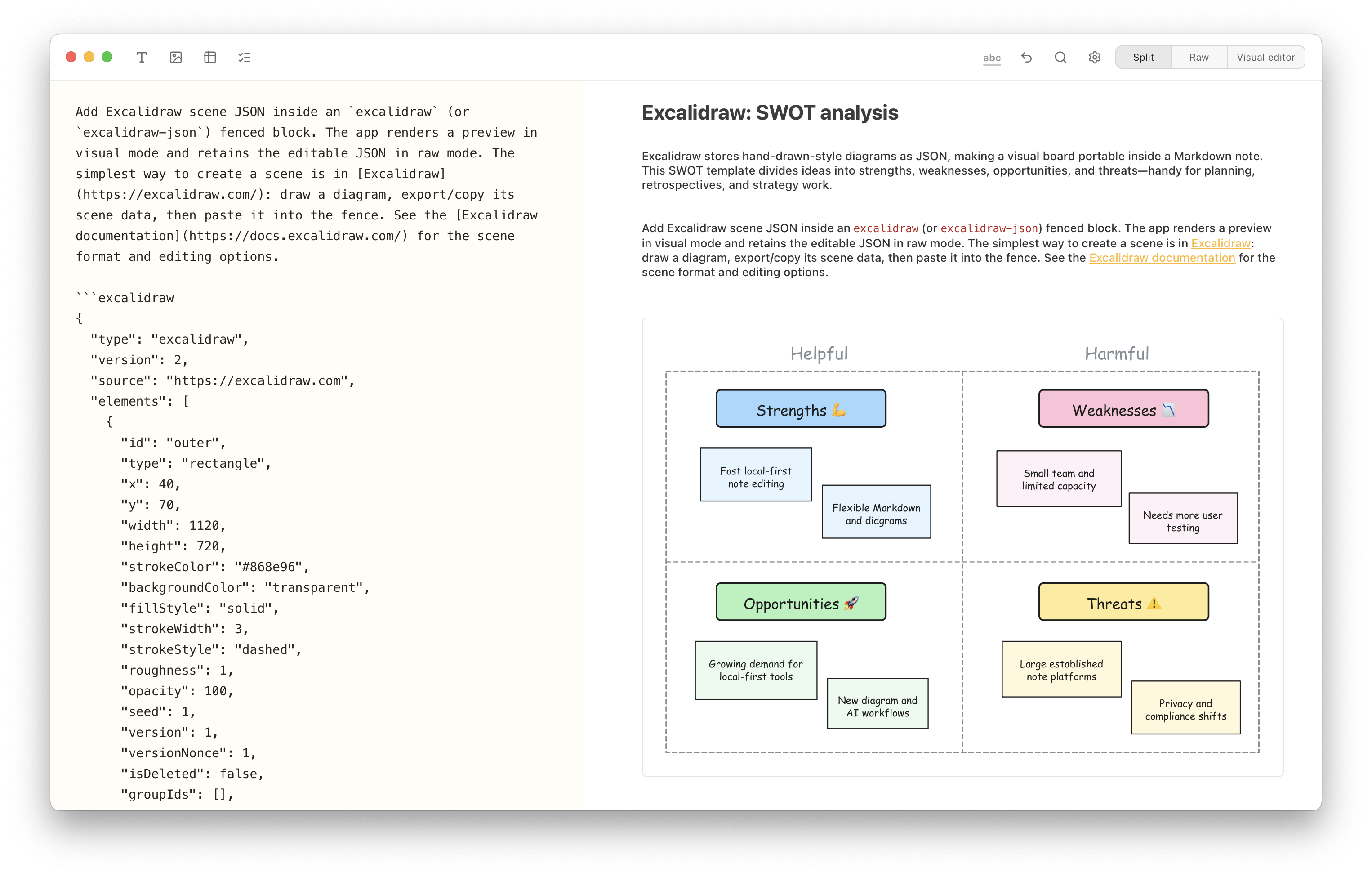 Notes Plus in split view showing Excalidraw JSON and a four-quadrant SWOT analysis.