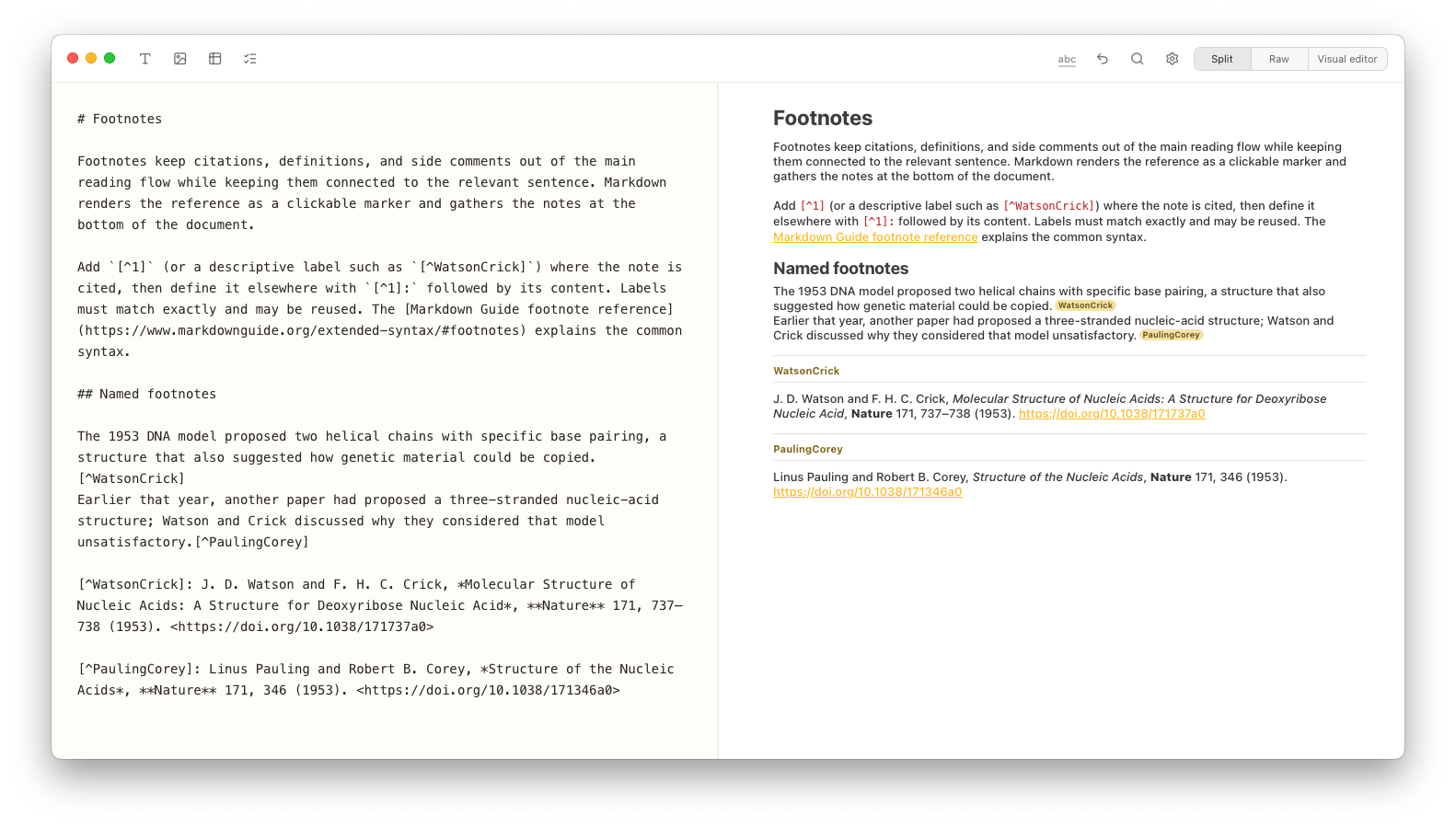 Notes Plus split view showing named Markdown citations and their formatted academic references.