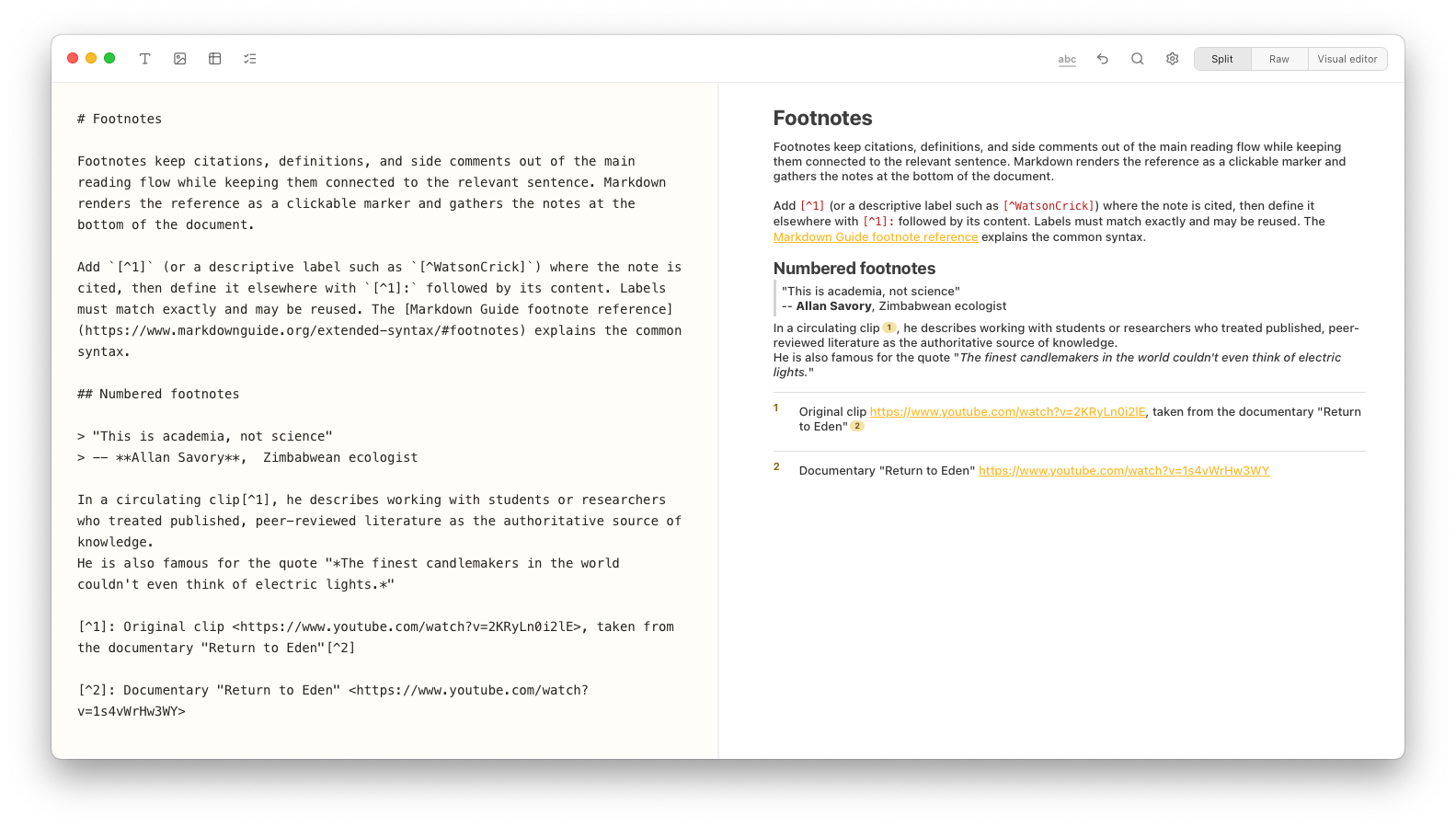 Notes Plus split view showing numbered Markdown footnotes on the left and the rendered note on the right.