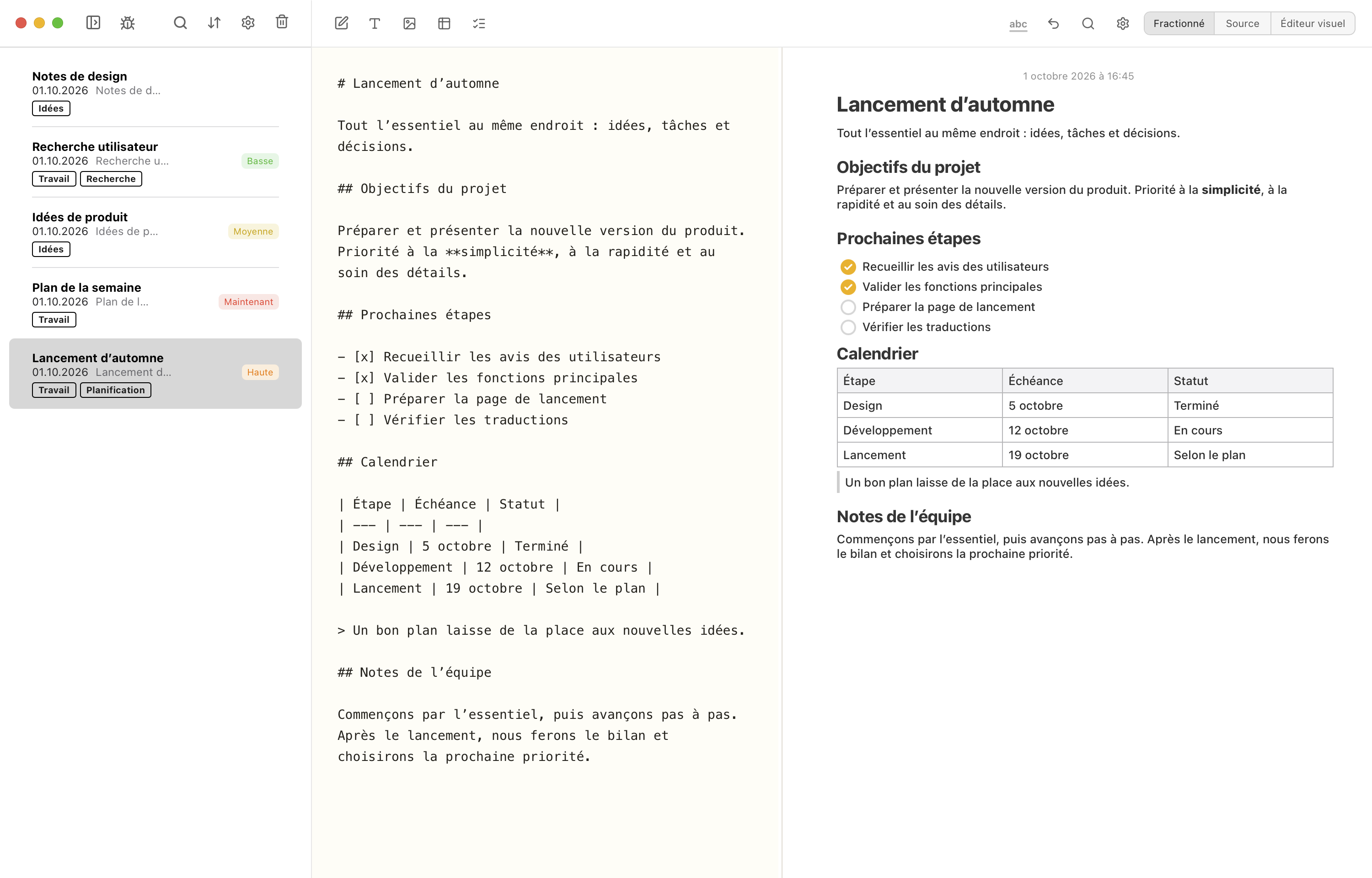 Notes Plus en français avec la colonne des dossiers fermée et le code source Markdown à côté de l’éditeur visuel.