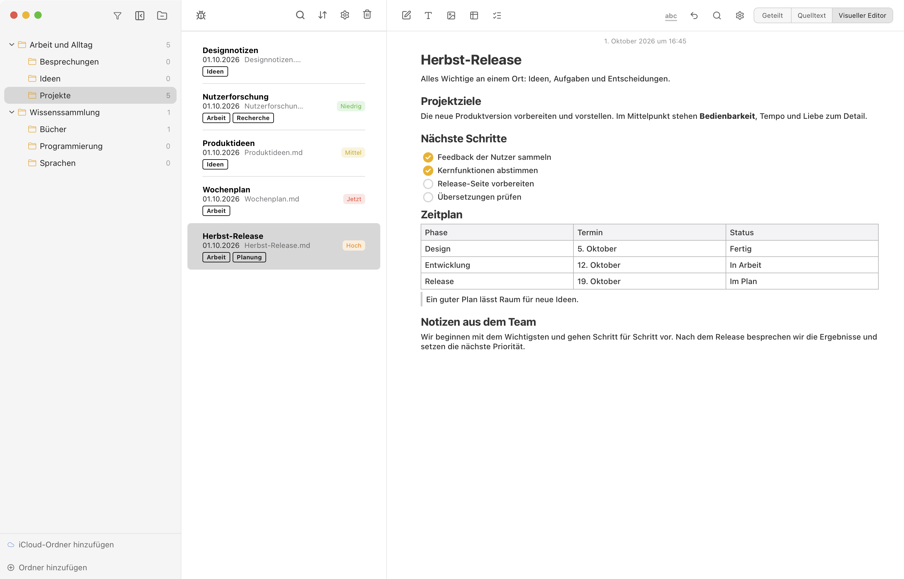 Notes Plus auf Deutsch mit allen drei Spalten, dem visuellen Editor sowie Notizen mit Tags und Prioritäten.