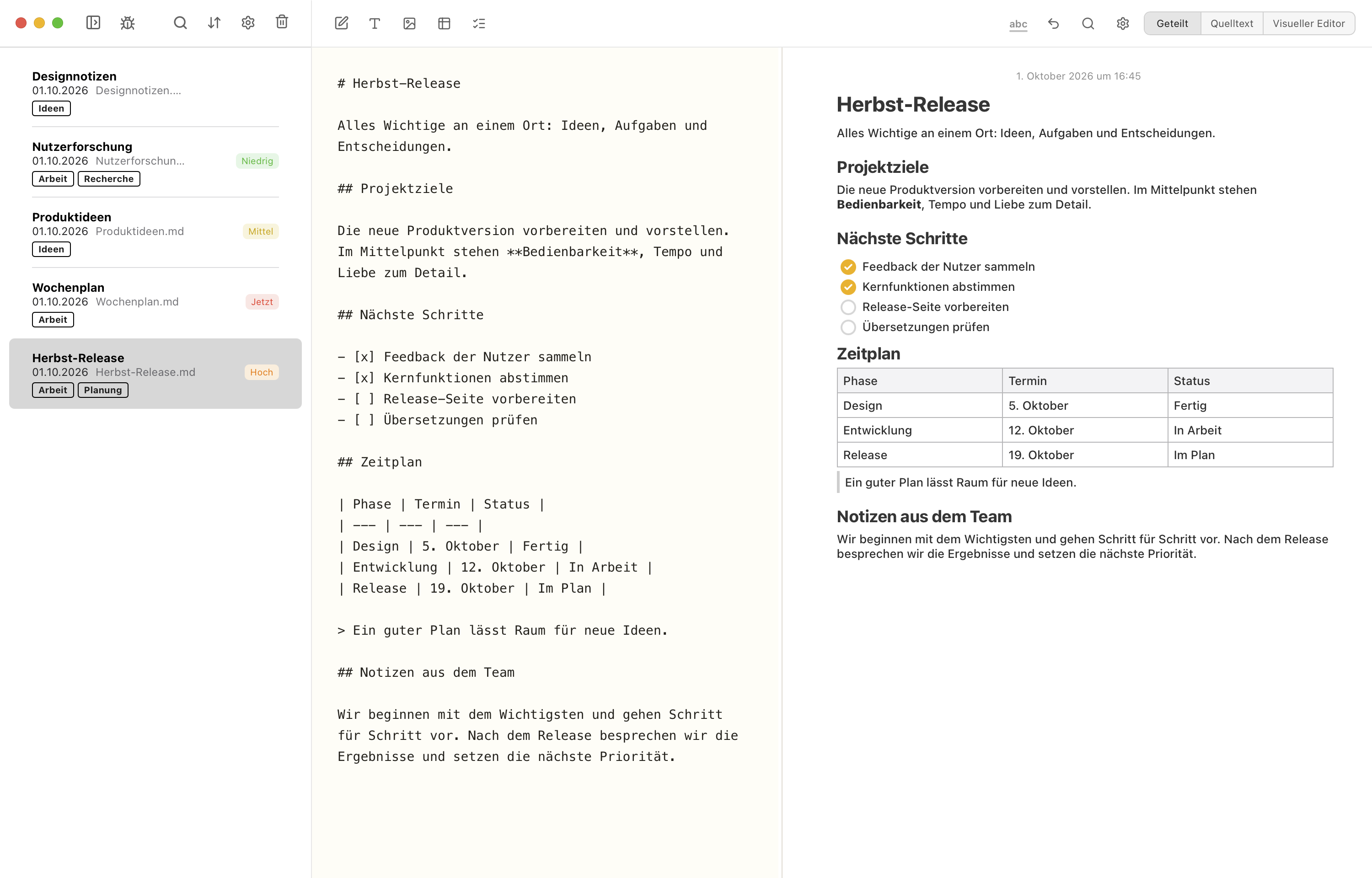Notes Plus auf Deutsch mit ausgeblendeter Ordnerspalte und Markdown-Quelltext neben dem visuellen Editor.