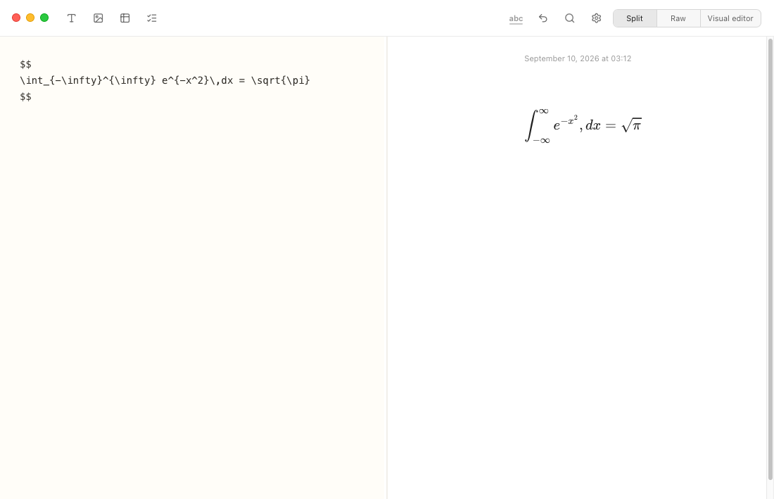 Display math in Notes Plus: LaTeX source between double dollar signs beside the rendered Gaussian integral equal to the square root of pi.