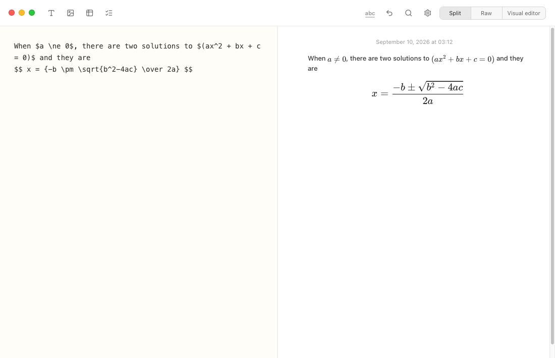 Inline math in Notes Plus: Markdown and LaTeX source beside rendered inline expressions and the quadratic formula in split view.
