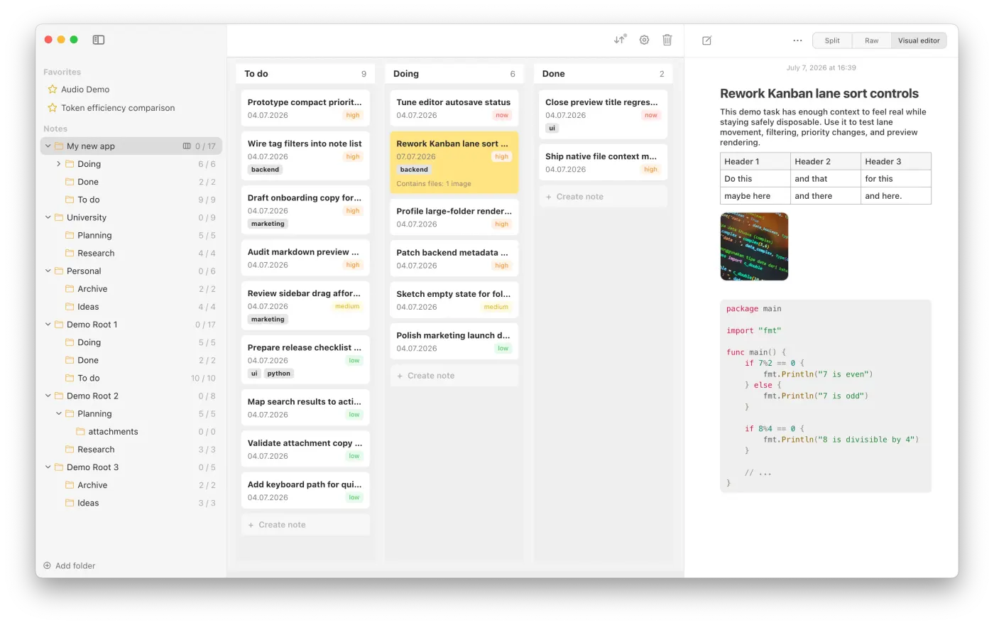 Notes Plus Kanban view showing Markdown notes arranged in swimlanes