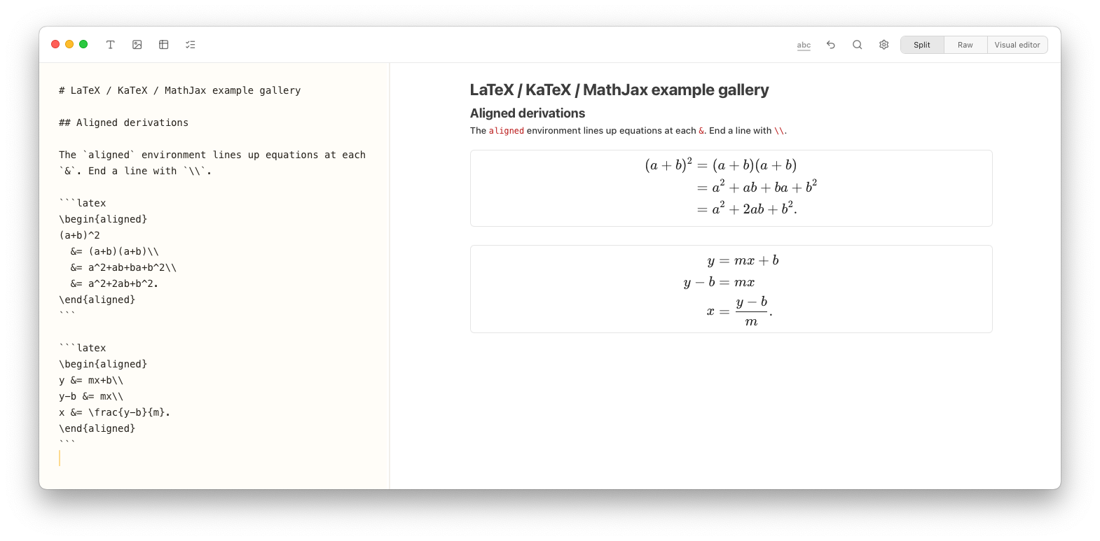 Notes Plus showing aligned LaTeX derivations for binomial expansion and solving a linear equation in split view.