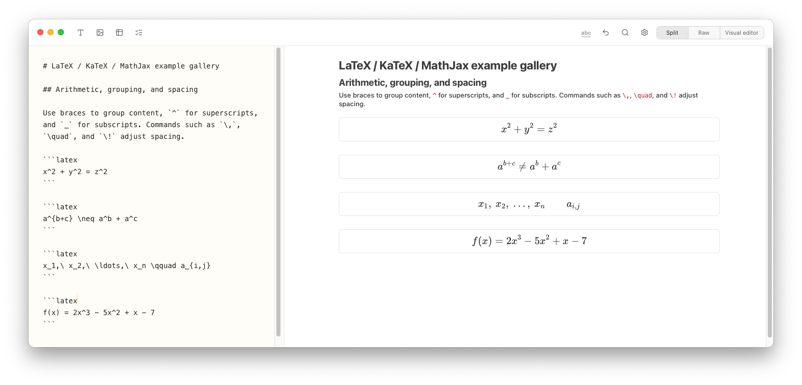 Notes Plus showing LaTeX arithmetic, grouping, superscripts, subscripts, and spacing examples in split view.