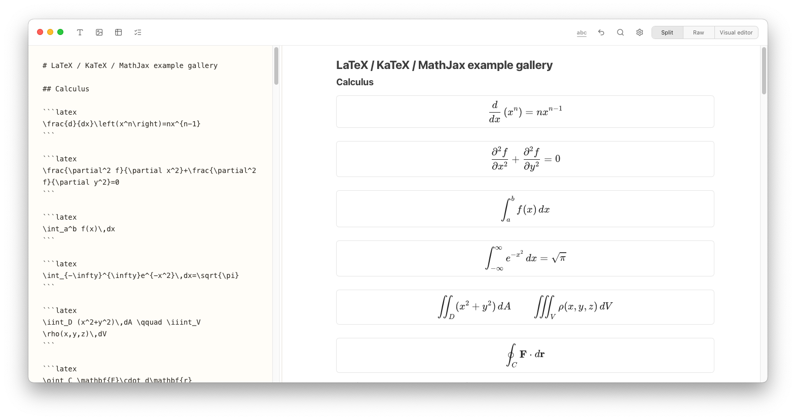 Notes Plus showing LaTeX derivatives, integrals, and vector calculus notation rendered in split view.