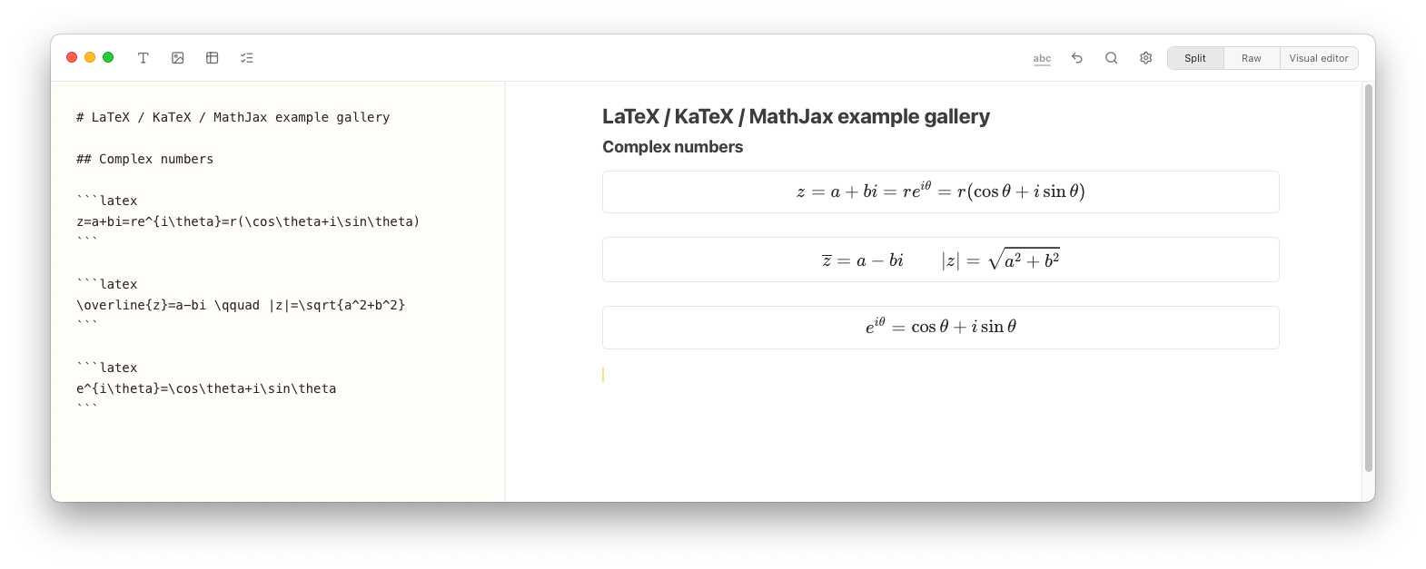 Notes Plus showing LaTeX complex number notation including Euler's formula, conjugates, and magnitudes in split view.
