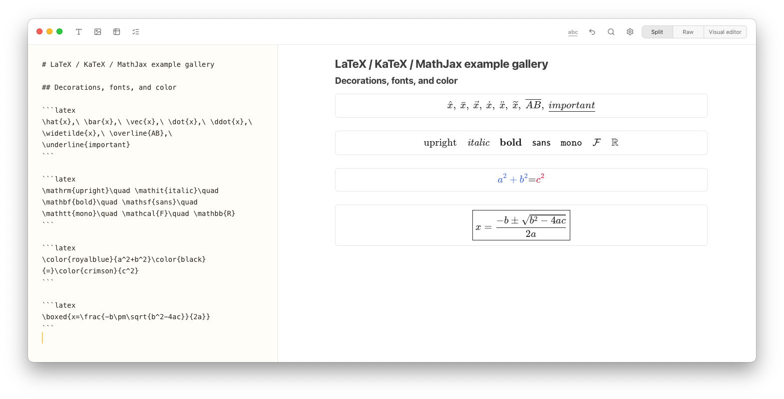 Notes Plus showing LaTeX decorations, math fonts, color, and a boxed quadratic formula in split view.