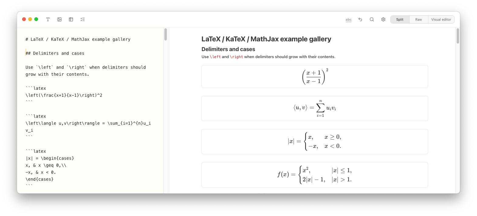 Notes Plus showing LaTeX delimiters, inner products, and piecewise functions rendered in split view.