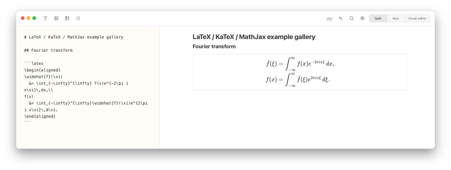 Notes Plus showing a LaTeX Fourier transform and inverse Fourier transform in an aligned environment.