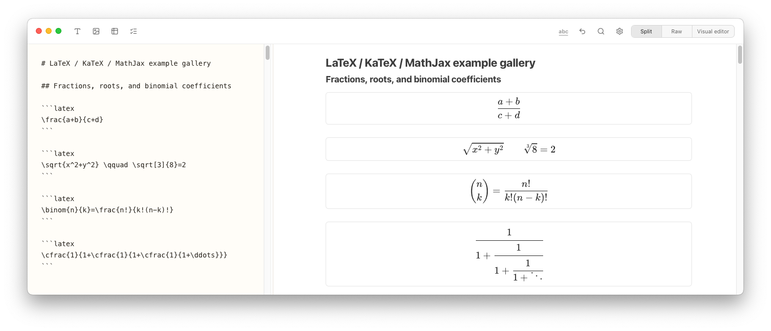 Notes Plus showing LaTeX fractions, roots, binomial coefficients, and a continued fraction in split view.