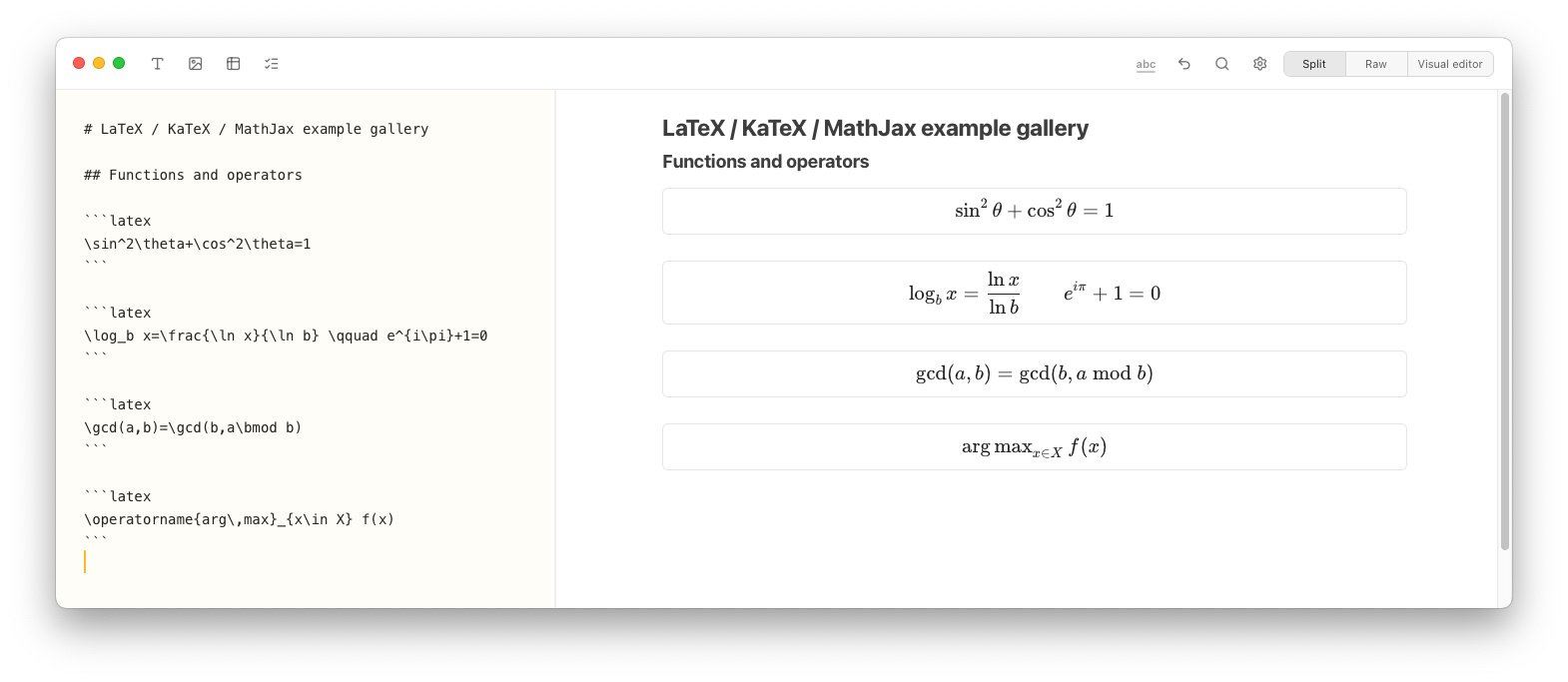 Notes Plus showing LaTeX functions and operators including trigonometry, logarithms, greatest common divisors, and arg max in split view.