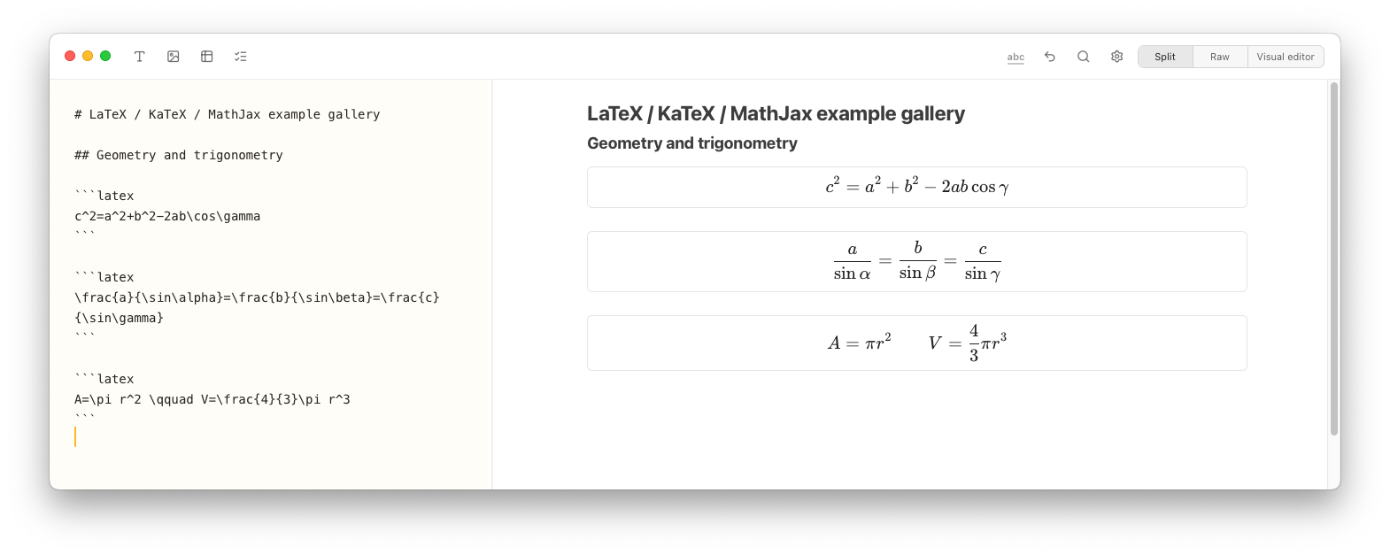 Notes Plus showing LaTeX geometry and trigonometry formulas including the cosine rule, sine rule, area, and volume in split view.