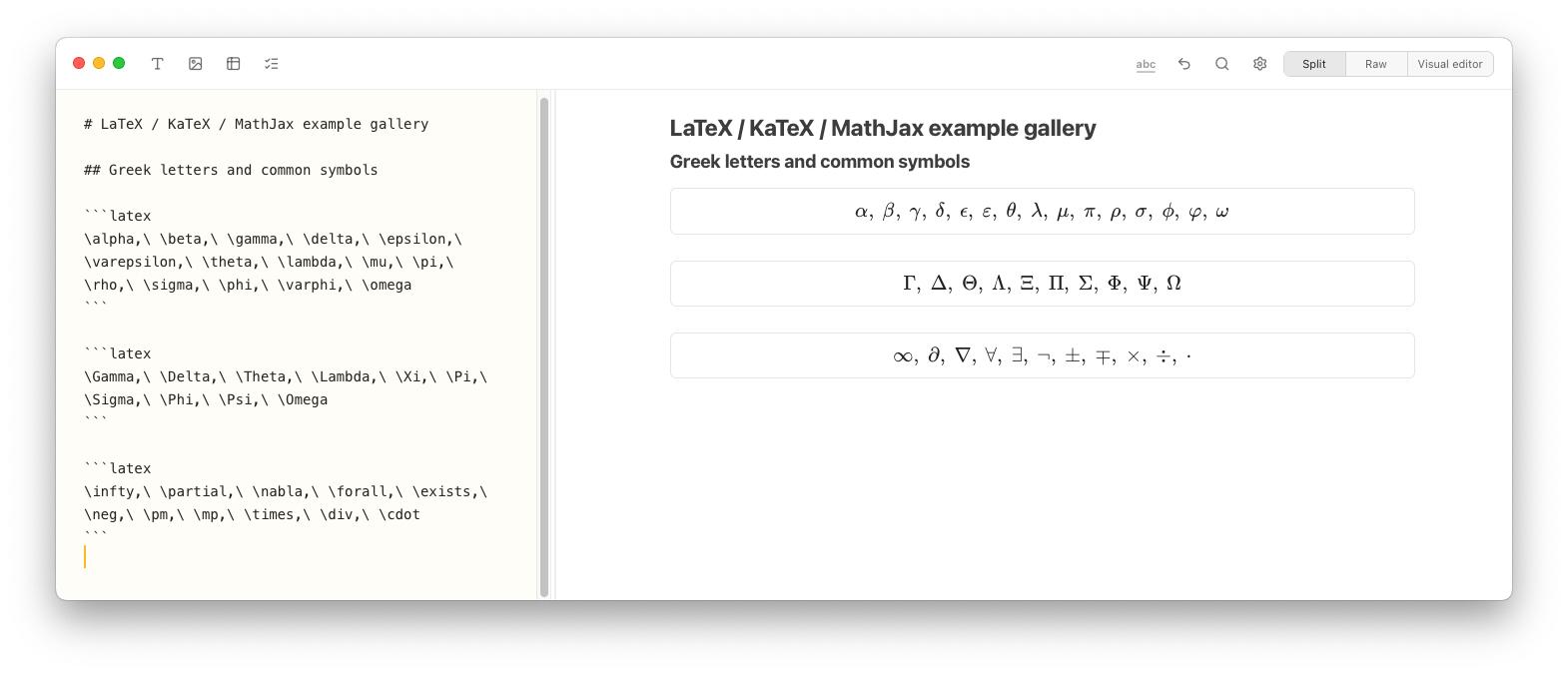 Notes Plus showing Greek letters and common mathematical symbols rendered from LaTeX in split view.