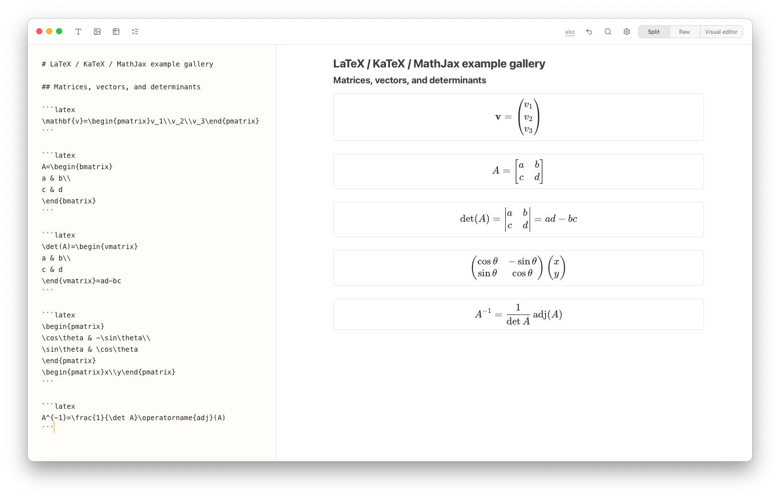 Notes Plus showing LaTeX vectors, matrices, determinants, transformations, and matrix inverses in split view.