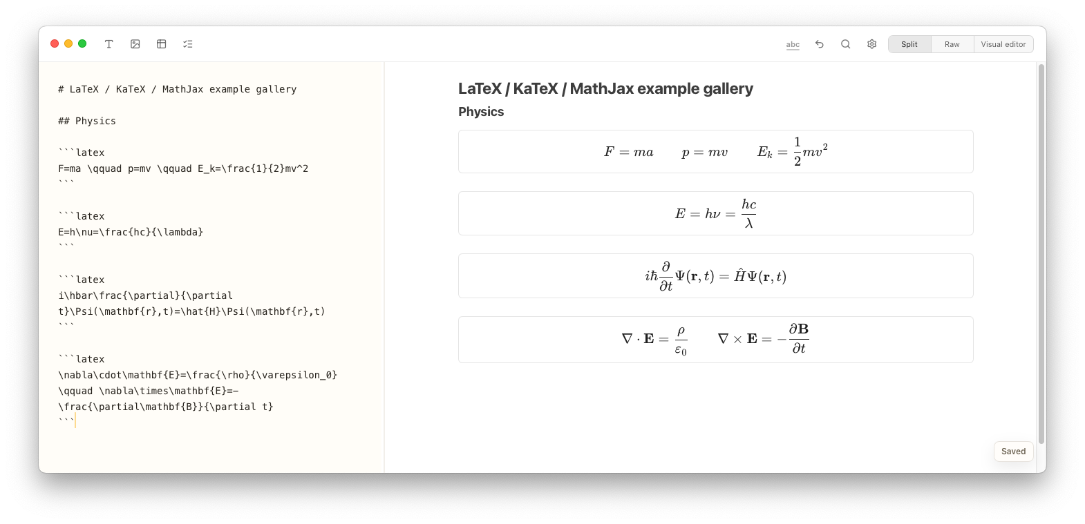 Notes Plus showing LaTeX physics equations for mechanics, energy, the Schrödinger equation, and Maxwell's equations in split view.