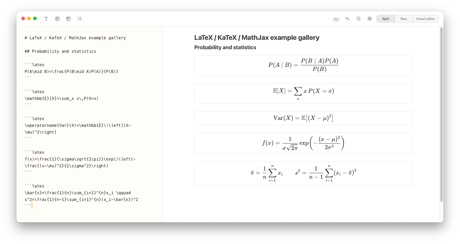 Notes Plus showing LaTeX probability and statistics equations including conditional probability, expectation, variance, and the normal distribution in split view.