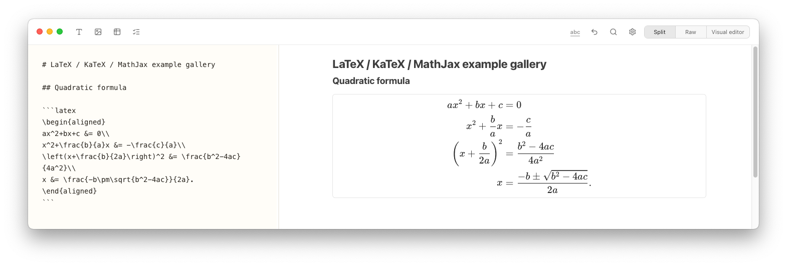 Notes Plus showing a step-by-step LaTeX derivation of the quadratic formula in split view.