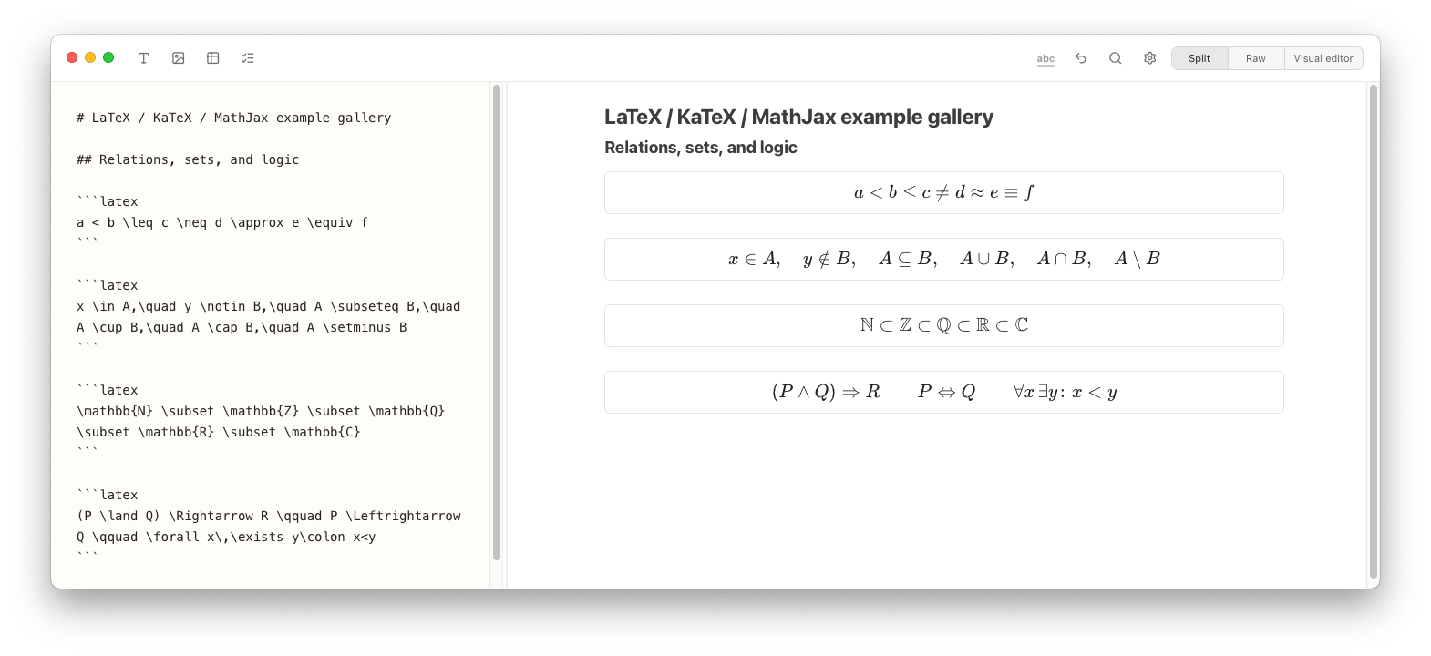 Notes Plus showing LaTeX relations, set notation, and logical expressions rendered in split view.