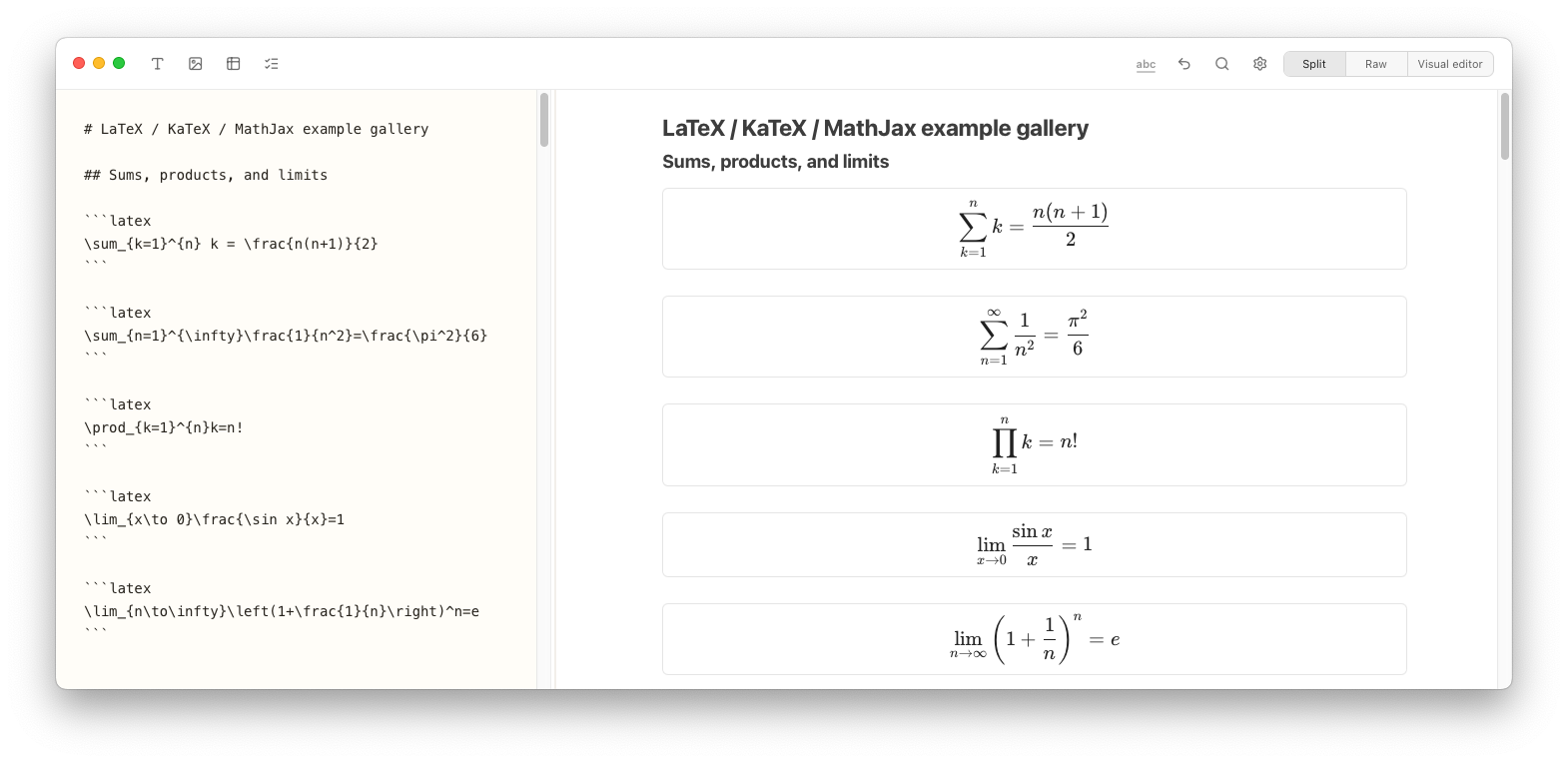 Notes Plus showing LaTeX sums, products, and limits rendered in split view.