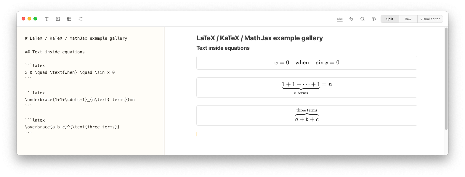 Notes Plus showing LaTeX text commands and annotated braces inside equations in split view.