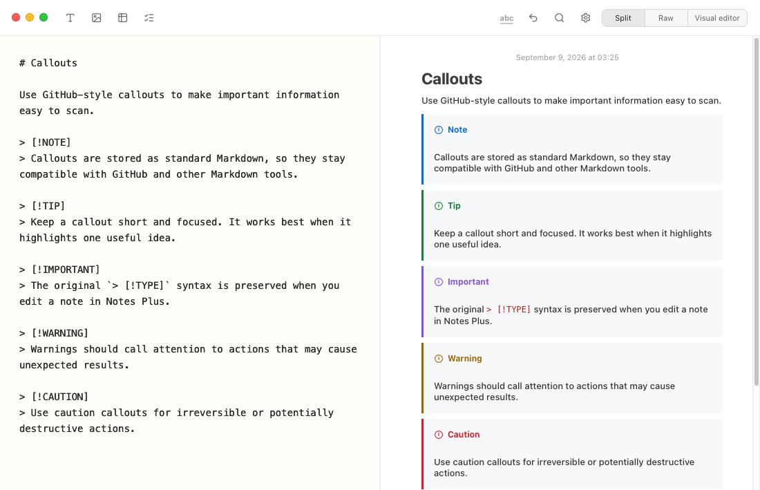 Notes Plus split view showing Markdown callout syntax on the left and rendered Note, Tip, Important, Warning, and Caution callouts on the right.