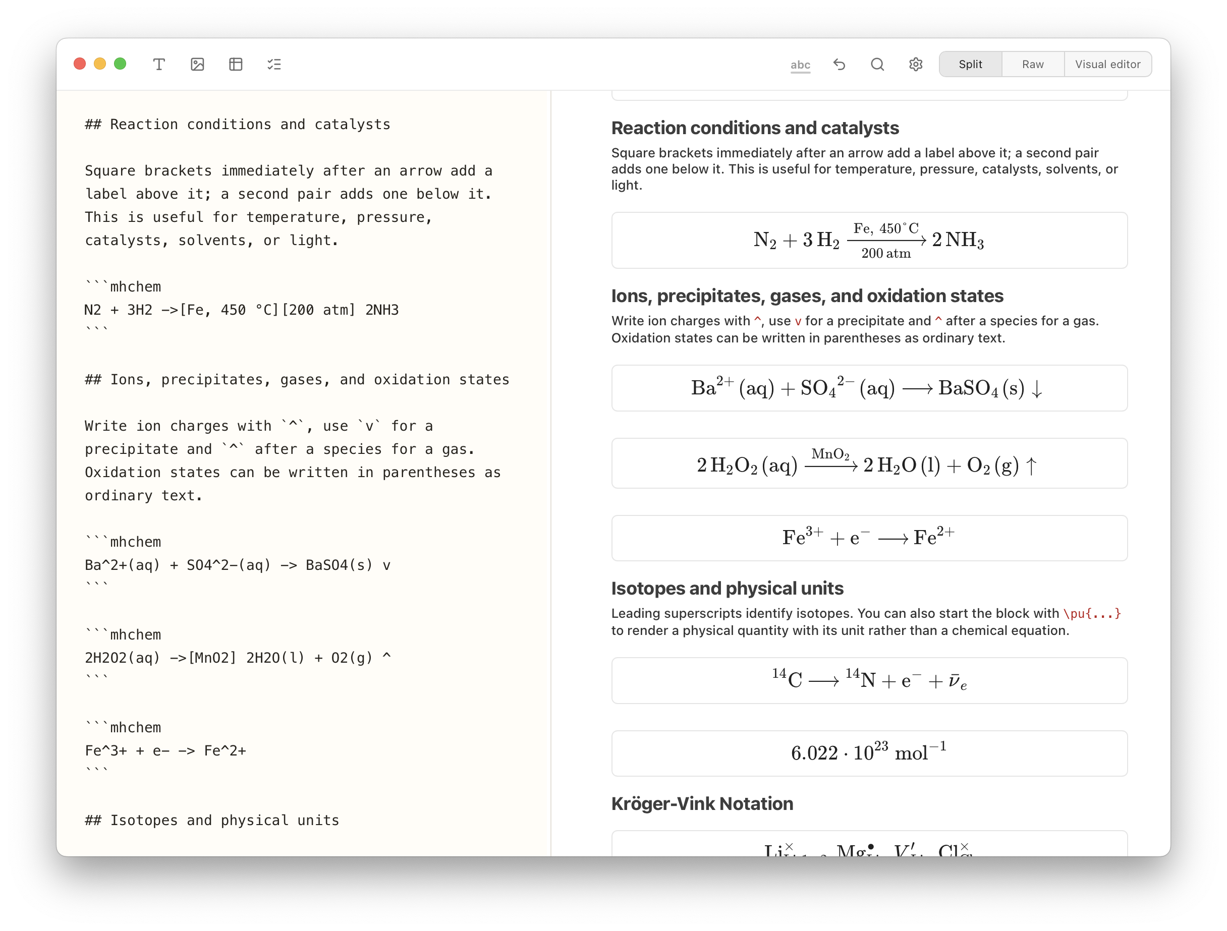 Notes Plus showing mhchem Markdown source beside rendered chemical reactions and notation.