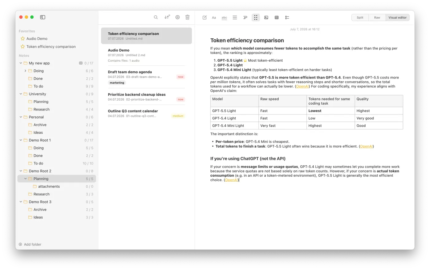 Notes Plus visual editor showing Favorites, folder-based local notes, and a rendered Markdown comparison note.