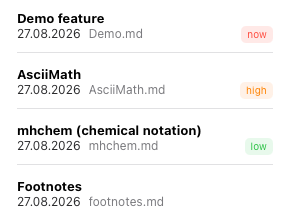 Notes Plus note list with color-coded priority labels for Demo feature, AsciiMath, mhchem, and Footnotes notes.