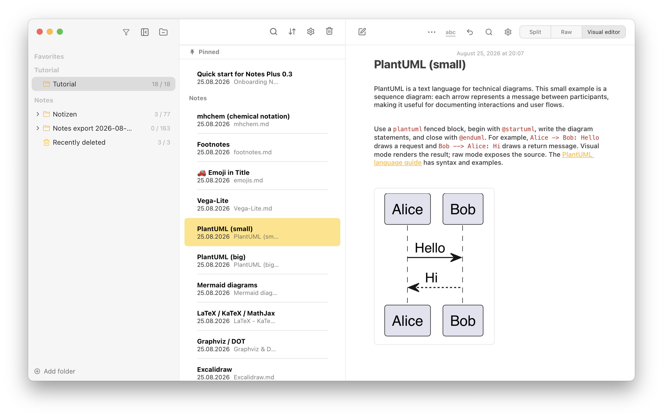 Notes Plus showing a small PlantUML sequence diagram between Alice and Bob in the visual editor.