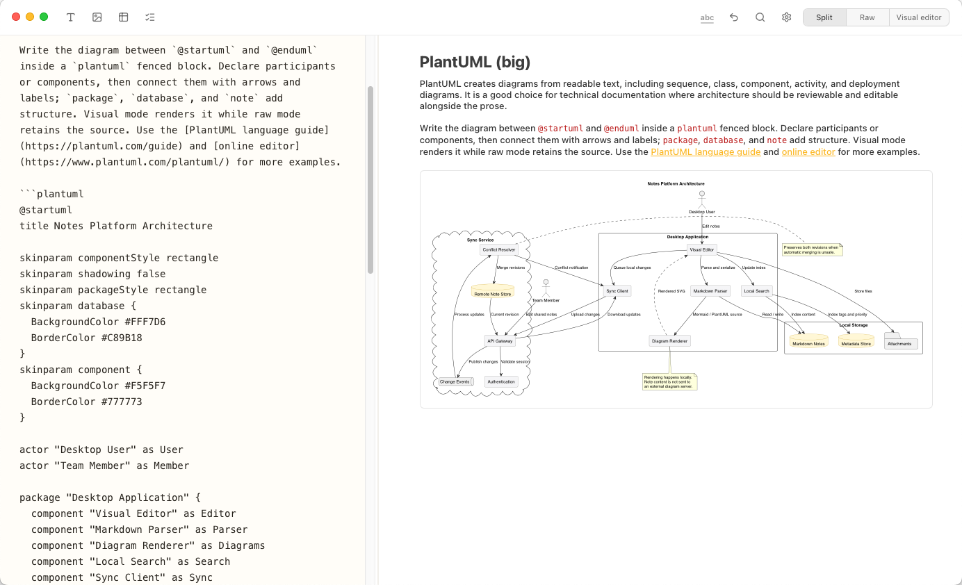 Notes Plus showing PlantUML source in a split editor alongside a rendered Notes Platform Architecture diagram.