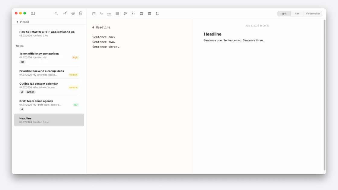 A Notes Plus note with line break rendering turned off