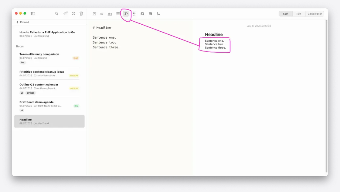 A Notes Plus note with line break rendering turned on