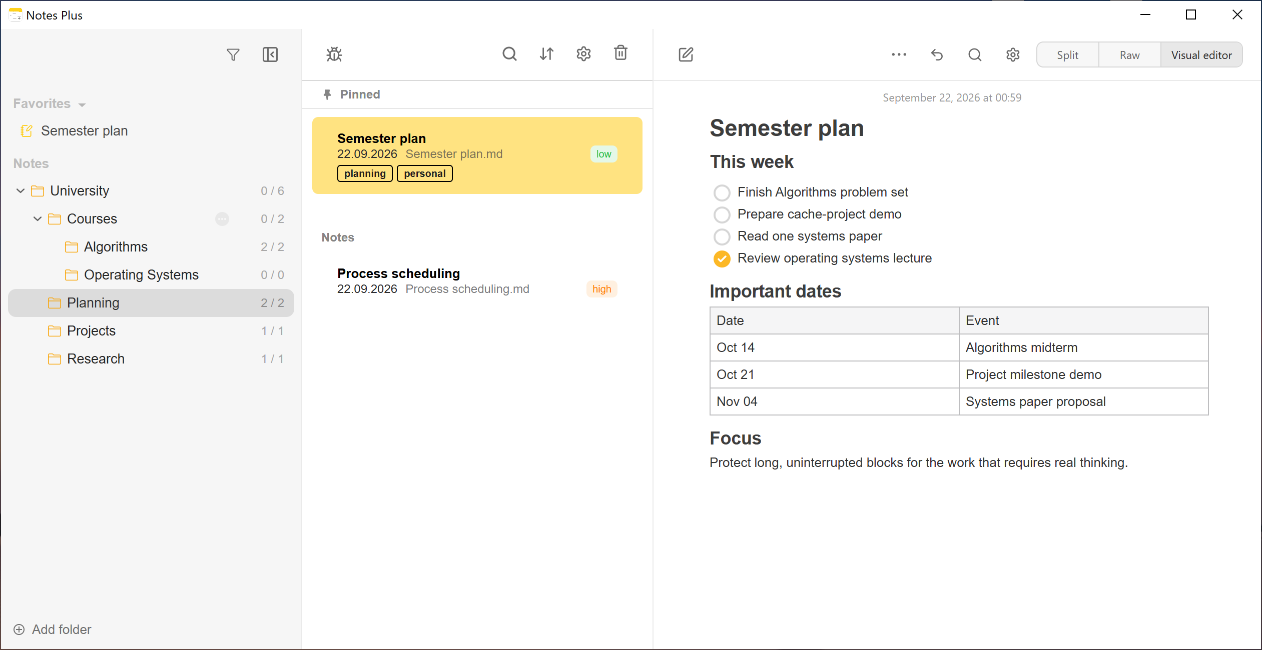 Apple Notes alternative on Windows 11: Notes Plus Markdown editor with folder navigation.