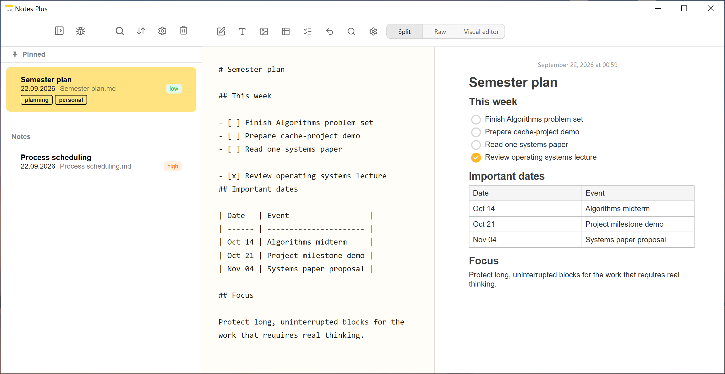 Apple Notes alternative on Windows 11: Notes Plus Markdown editor in split view.