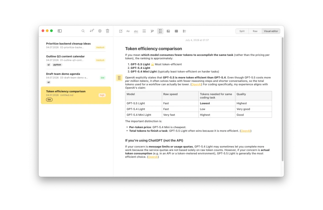 Notes Plus editor — split-screen mode