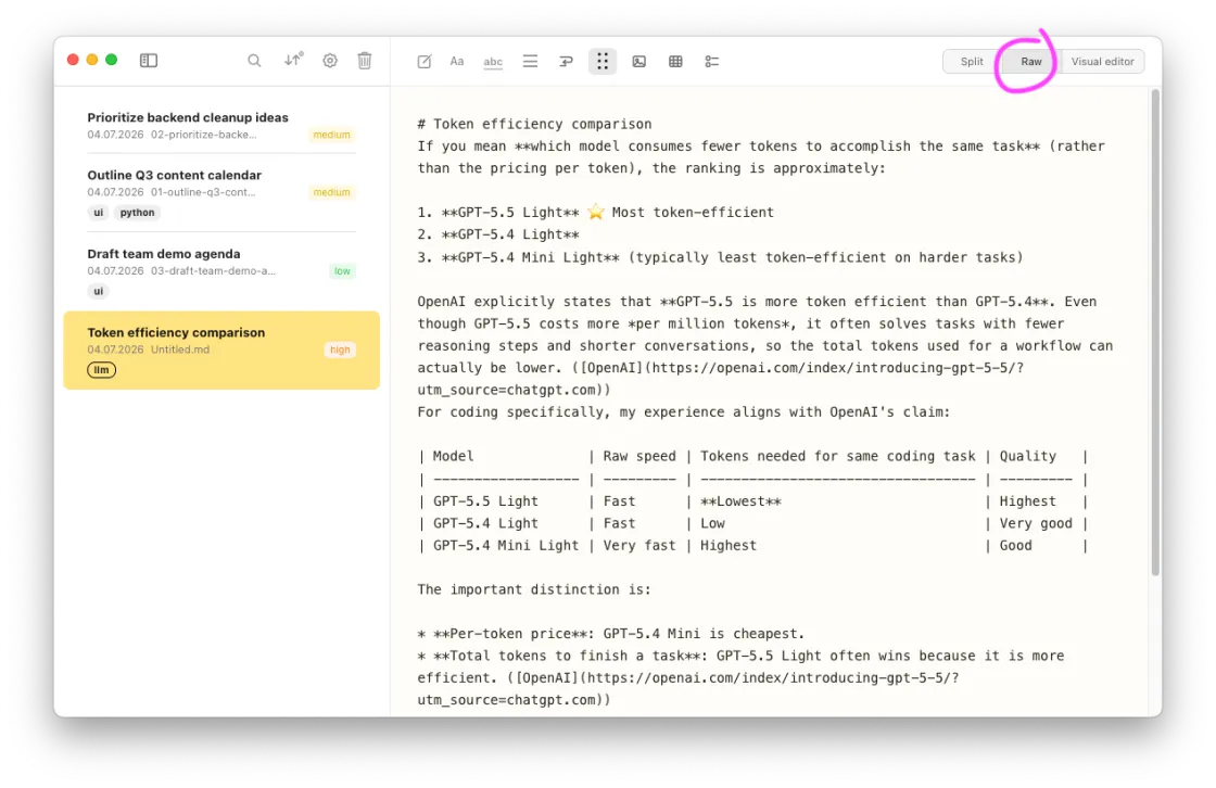 Notes Plus editor — raw Markdown mode